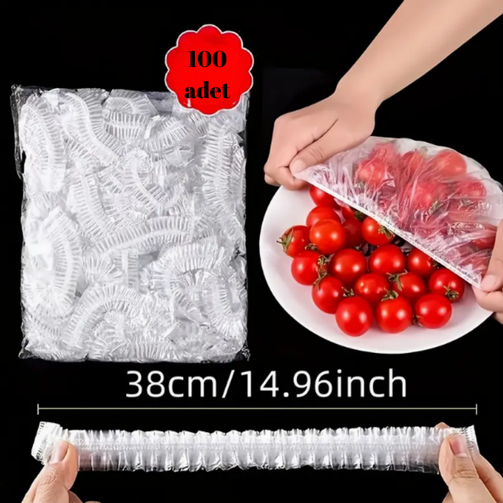 100 Adet Elastik Gıda Saklama Örtüsü (Tek Kullanımlık),Gıda Sınıfı Elastik Streç Kapak
