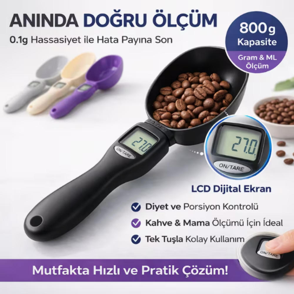 Dijital Ölçü Kaşığı – 0,1 g Hassasiyetli LCD Ekranlı Mutfak Tartısı | 800 g Kapasiteli Gram & ML Ölçüm Kaşığı EVİNDEKOLAY