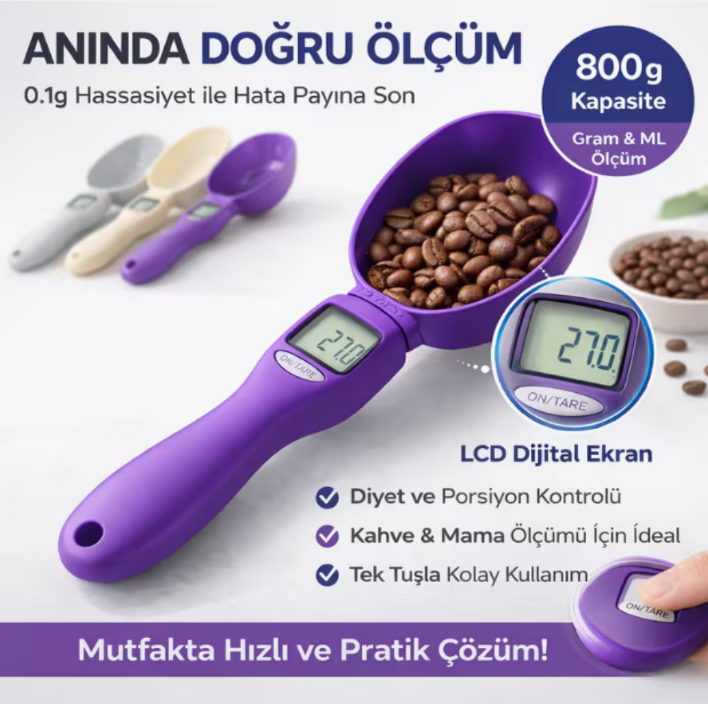 Dijital Ölçü Kaşığı – 0,1 g Hassasiyetli LCD Ekranlı Mutfak Tartısı | 800 g Kapasiteli Gram & ML Ölçüm Kaşığı EVİNDEKOLAY
