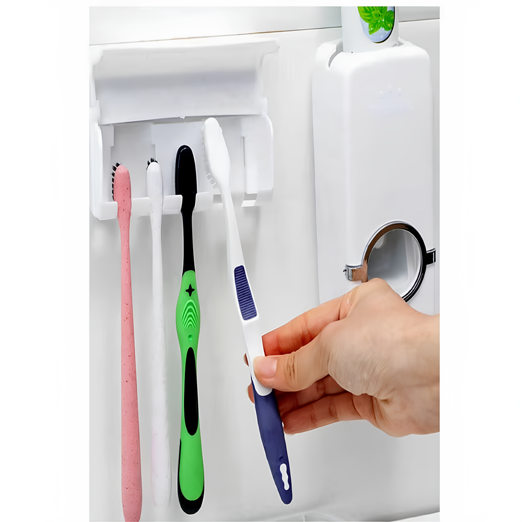 Delmeden Duvara Monte Otomatik Diş Macunu Sıkacağı & 5’li Diş Fırçası Tutucu Set,Banyo Düzenleyici Organizer