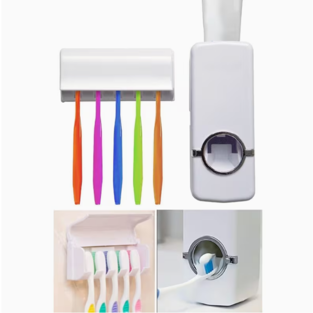 Delmeden Duvara Monte Otomatik Diş Macunu Sıkacağı & 5’li Diş Fırçası Tutucu Set,Banyo Düzenleyici Organizer