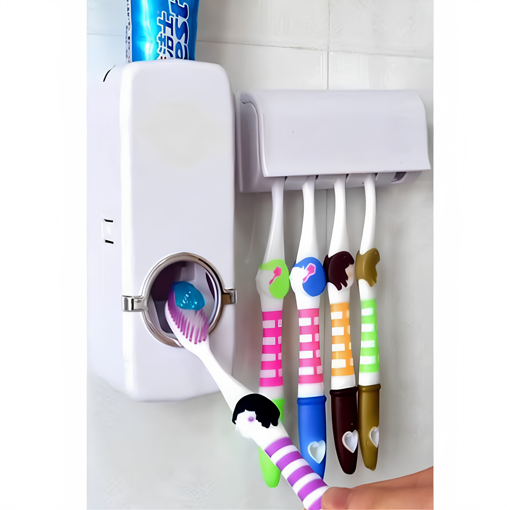 Delmeden Duvara Monte Otomatik Diş Macunu Sıkacağı & 5’li Diş Fırçası Tutucu Set,Banyo Düzenleyici Organizer