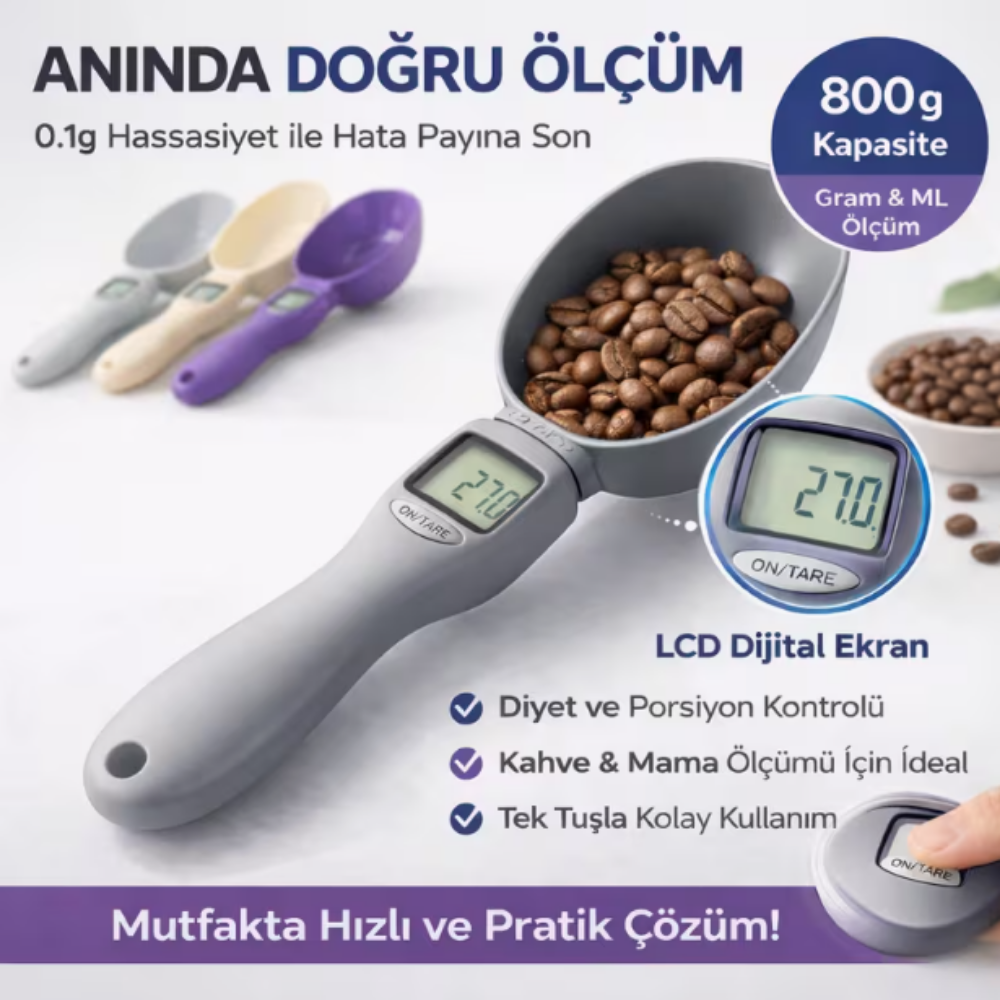 Dijital Ölçü Kaşığı – 0,1 g Hassasiyetli LCD Ekranlı Mutfak Tartısı | 800 g Kapasiteli Gram & ML Ölçüm Kaşığı EVİNDEKOLAY