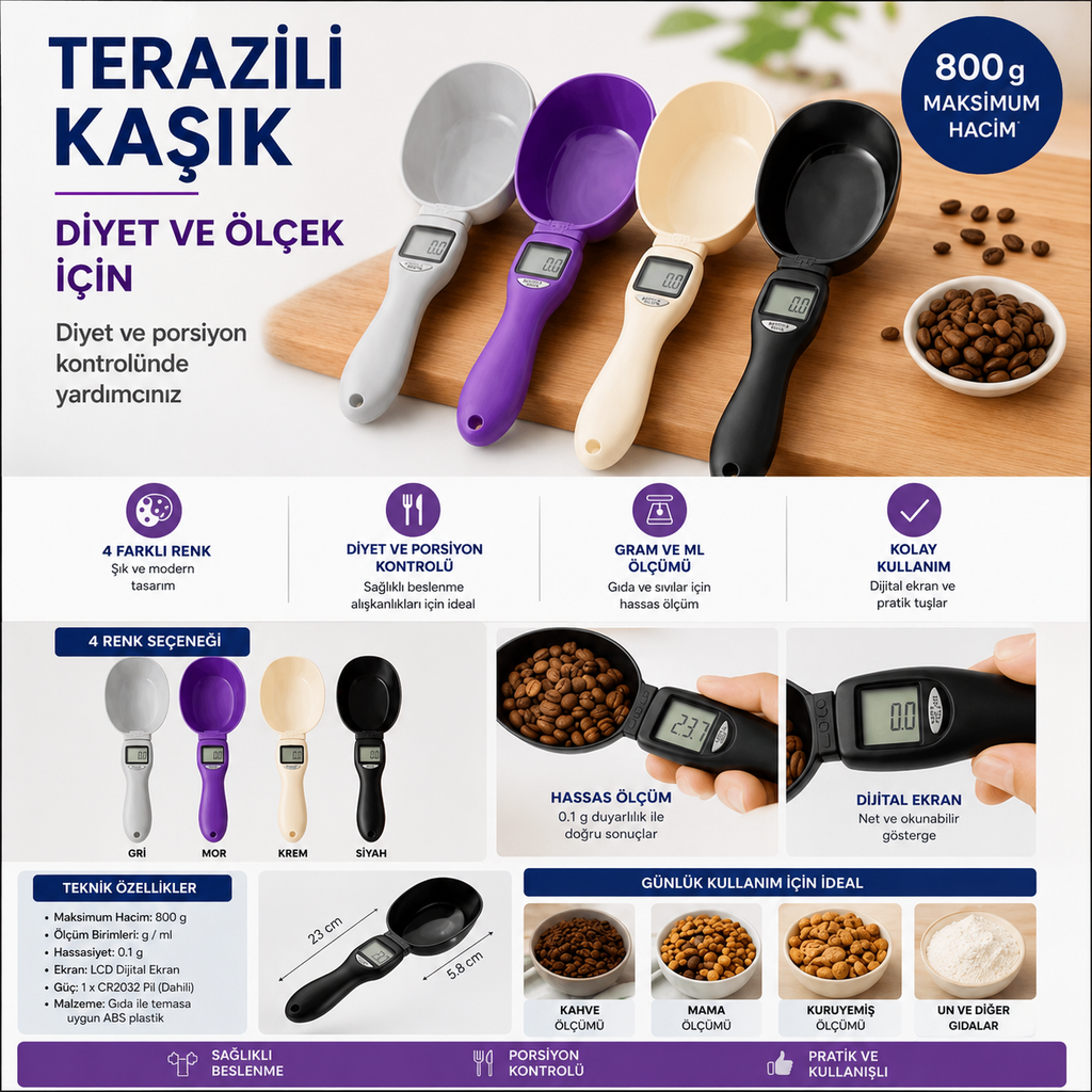 Dijital Ölçü Kaşığı – 0,1 g Hassasiyetli LCD Ekranlı Mutfak Tartısı | 800 g Kapasiteli Gram & ML Ölçüm Kaşığı EVİNDEKOLAY